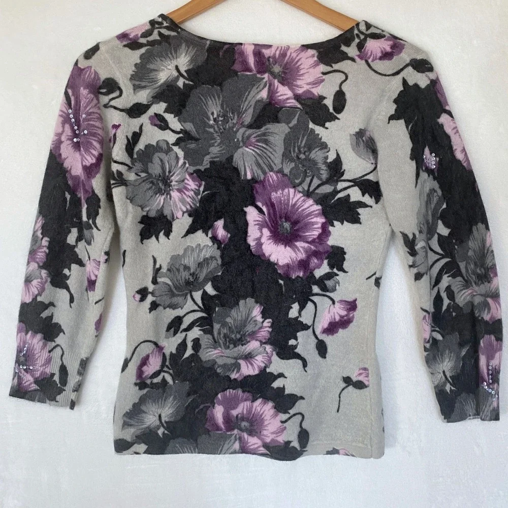 Cache Y2K Womens Lambswool Angora Sweater Med Floral Sequins Knit Top Dead Stock